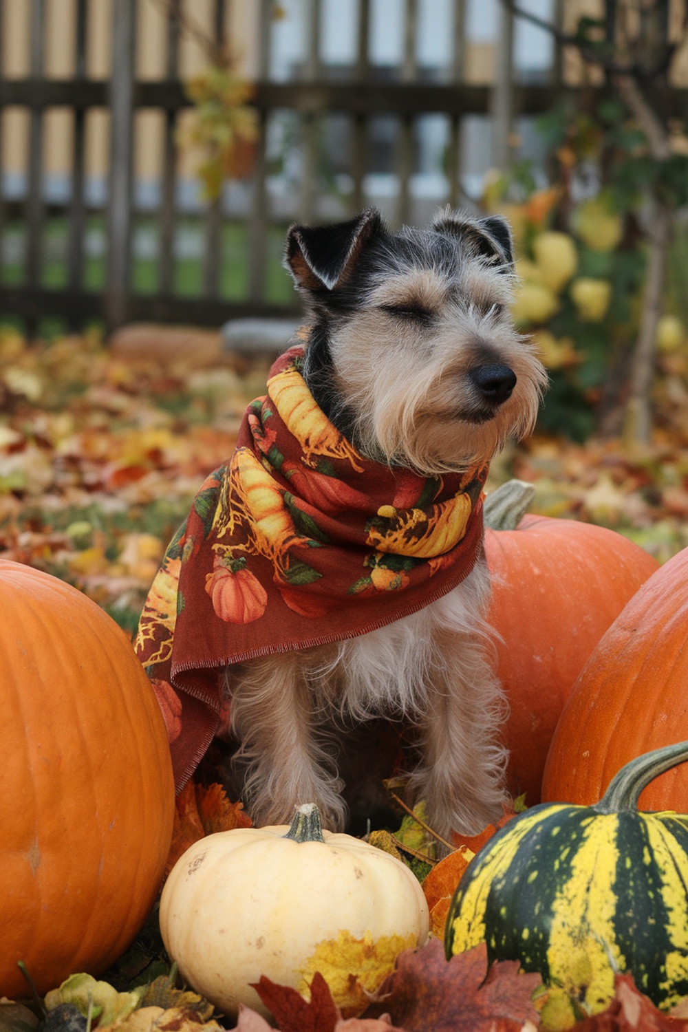 A terrier wearing a harvest-themed scarf, sitting among pumpkins and autumn leaves.