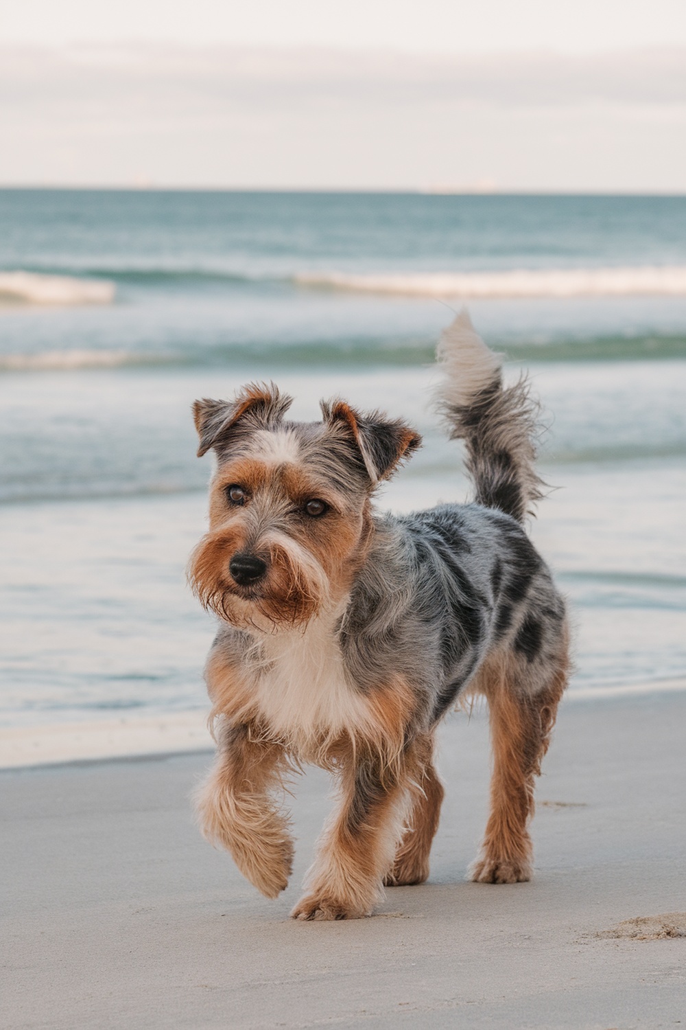 An Australian Terrier running along the beach with a playful expression.