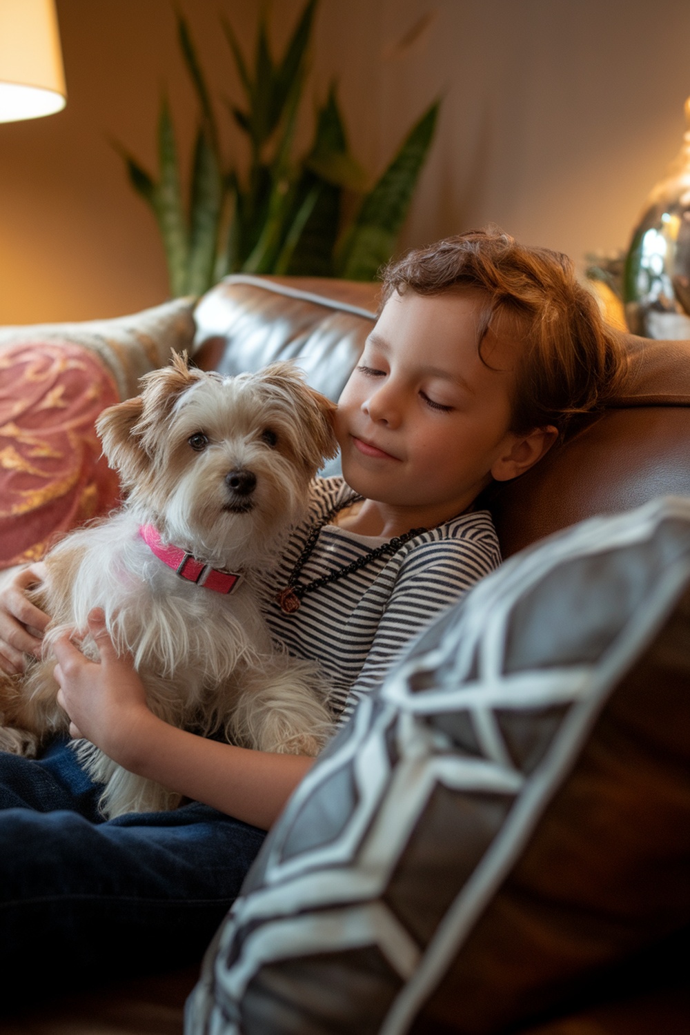 A child cuddling a small Maltese Terrier mix dog on a couch.