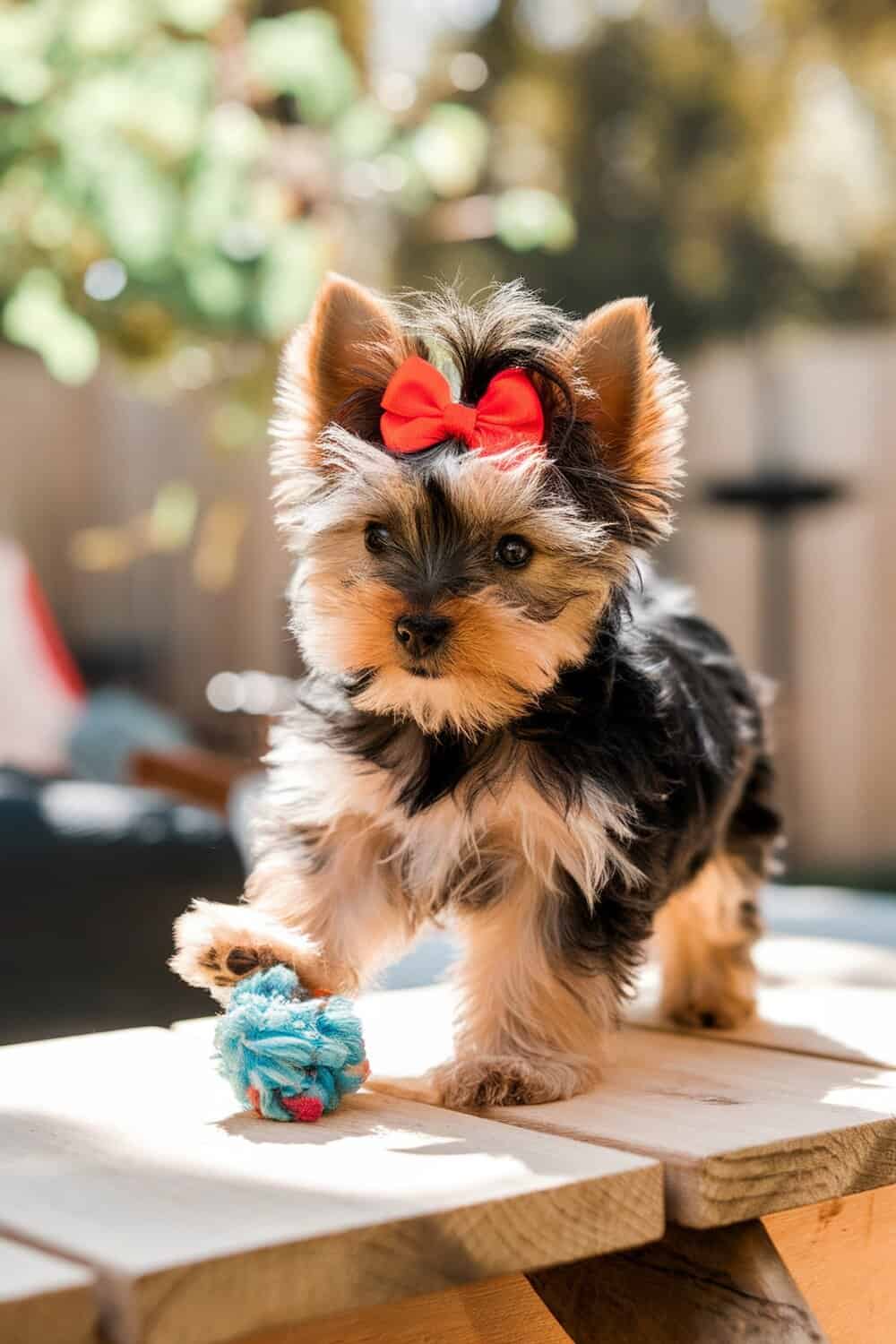 A playful Yorkie puppy with a red bow, standing on a wooden surface, holding a blue toy.
