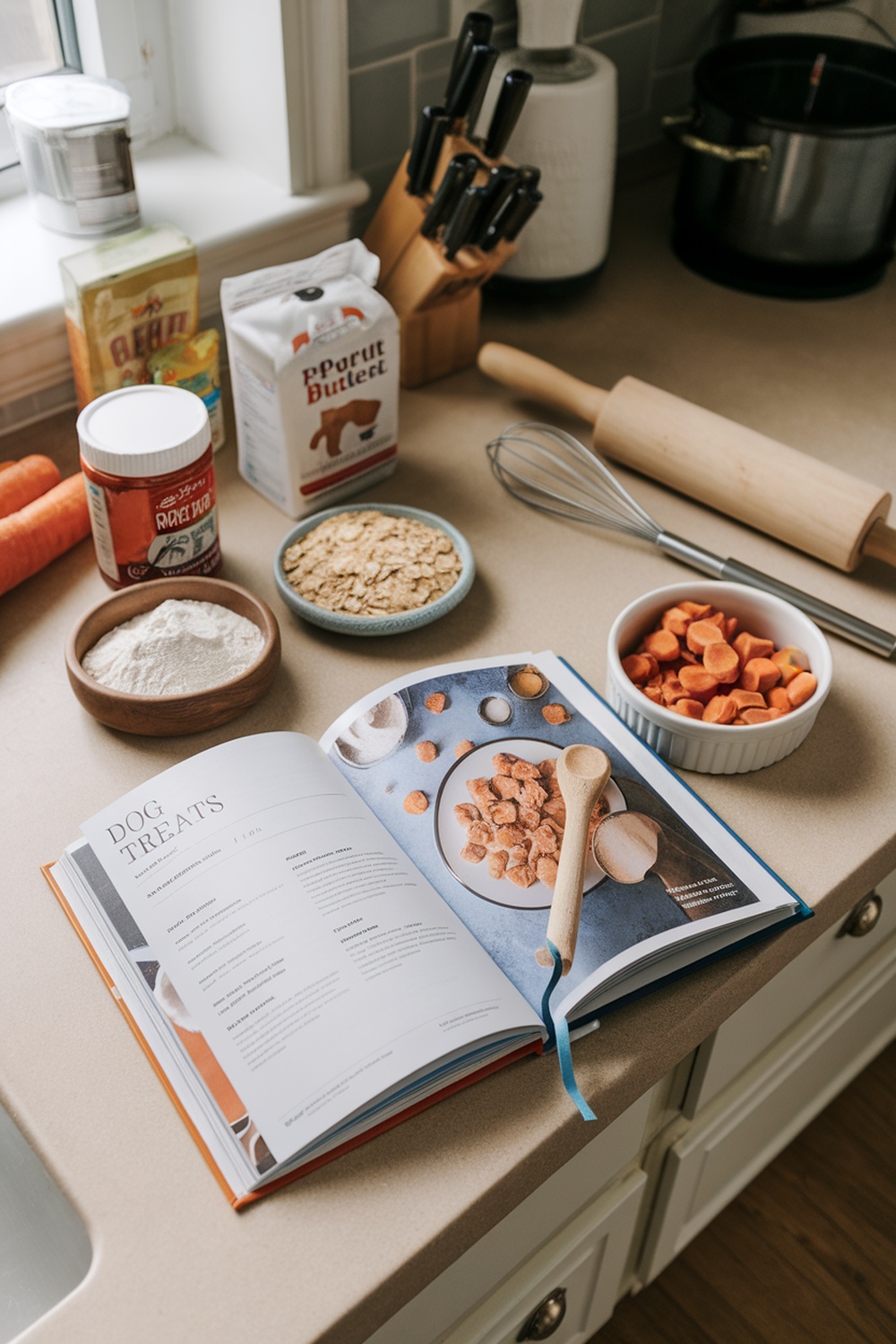 A dog lover's cookbook open to a page with dog treat recipes, surrounded by ingredients like flour, peanut butter, and carrots.
