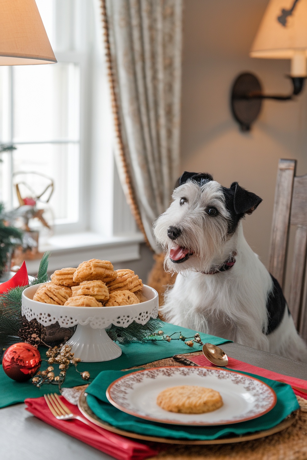 A happy Terrier dog sitting next to a plate of homemade cookies on a festive table.