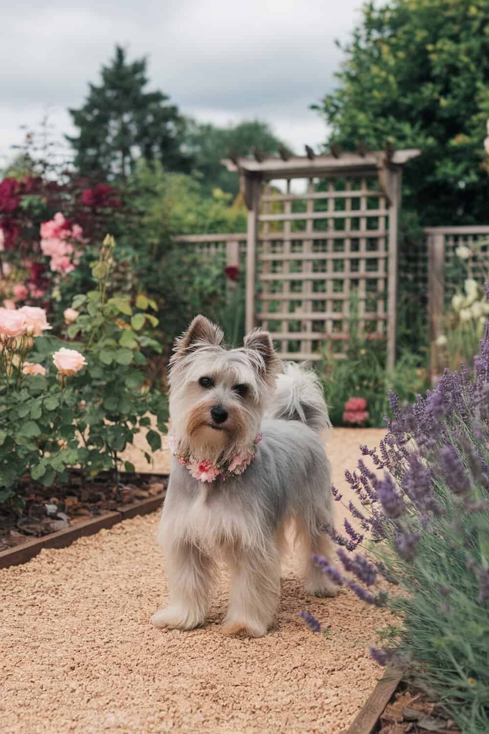 A Tibetan Terrier standing in a garden surrounded by flowers.