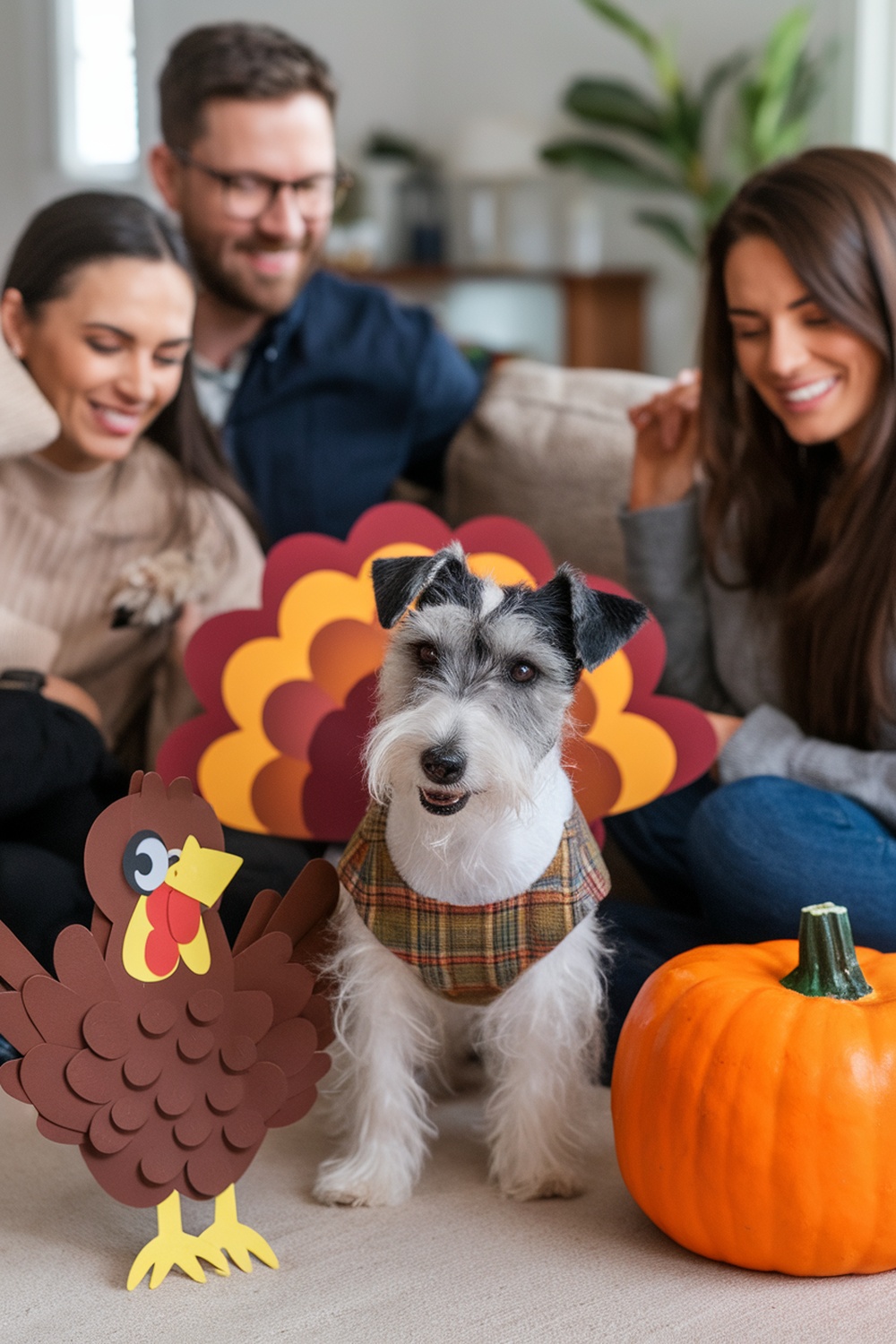 A terrier in a plaid outfit sitting next to a paper turkey and a pumpkin, with a family smiling in the background.