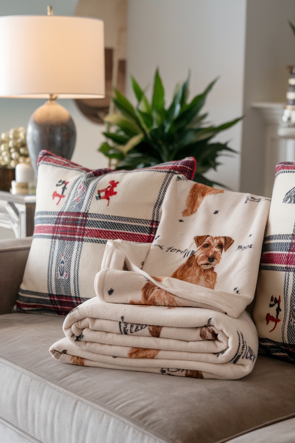 A soft blanket featuring terrier designs, folded on a couch with decorative pillows.