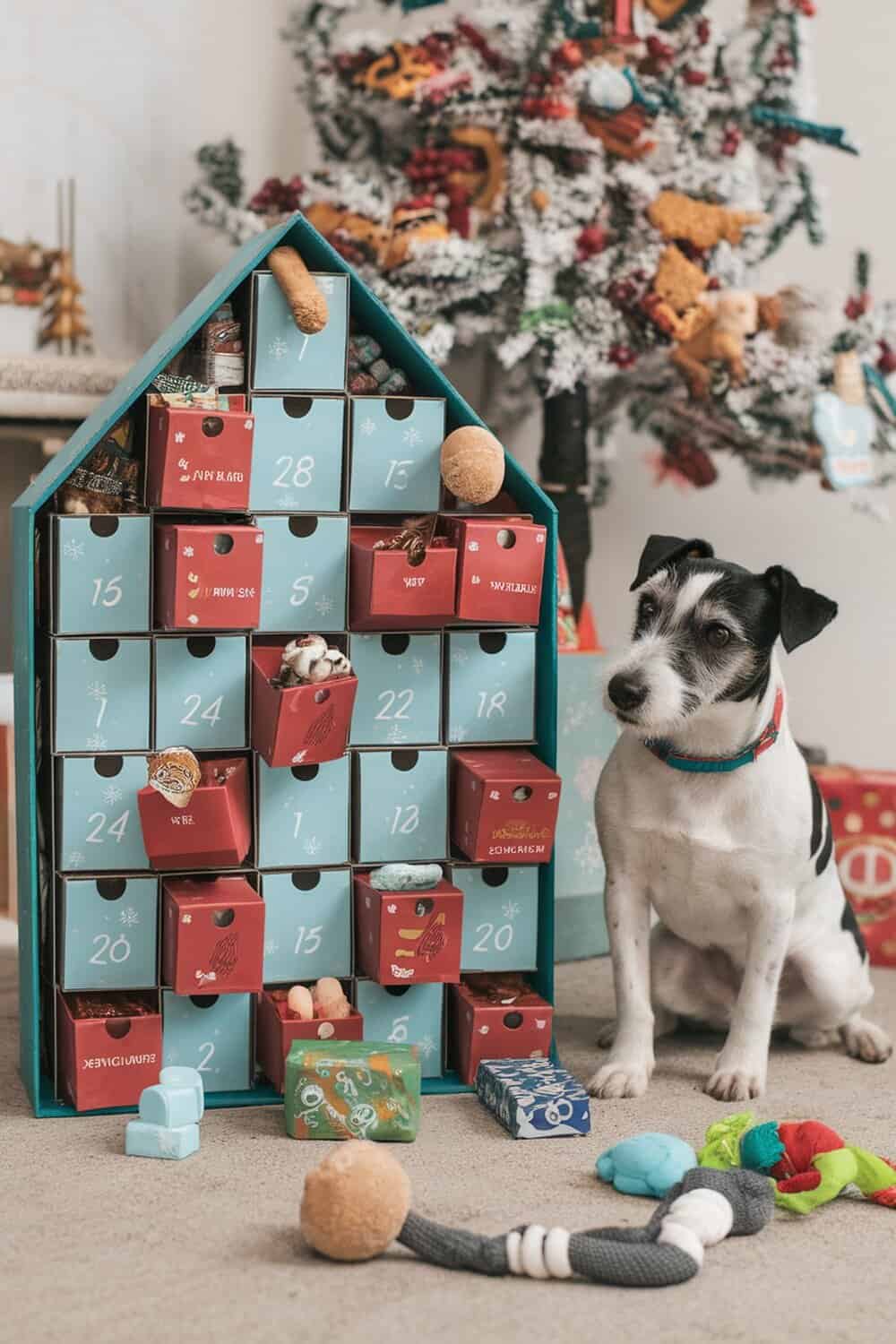 A dog sitting beside a colorful advent calendar filled with treats and toys.
