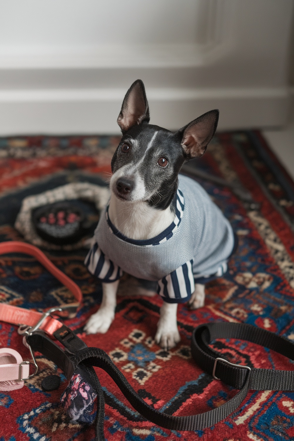 A Rat Terrier wearing a stylish outfit, surrounded by pet accessories like leashes and collars.