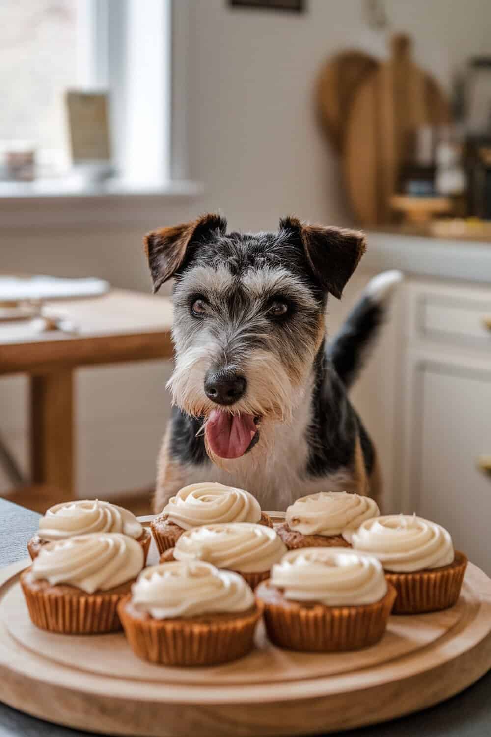 A Terrier dog looking excitedly at a plate of apple cinnamon pupcakes.