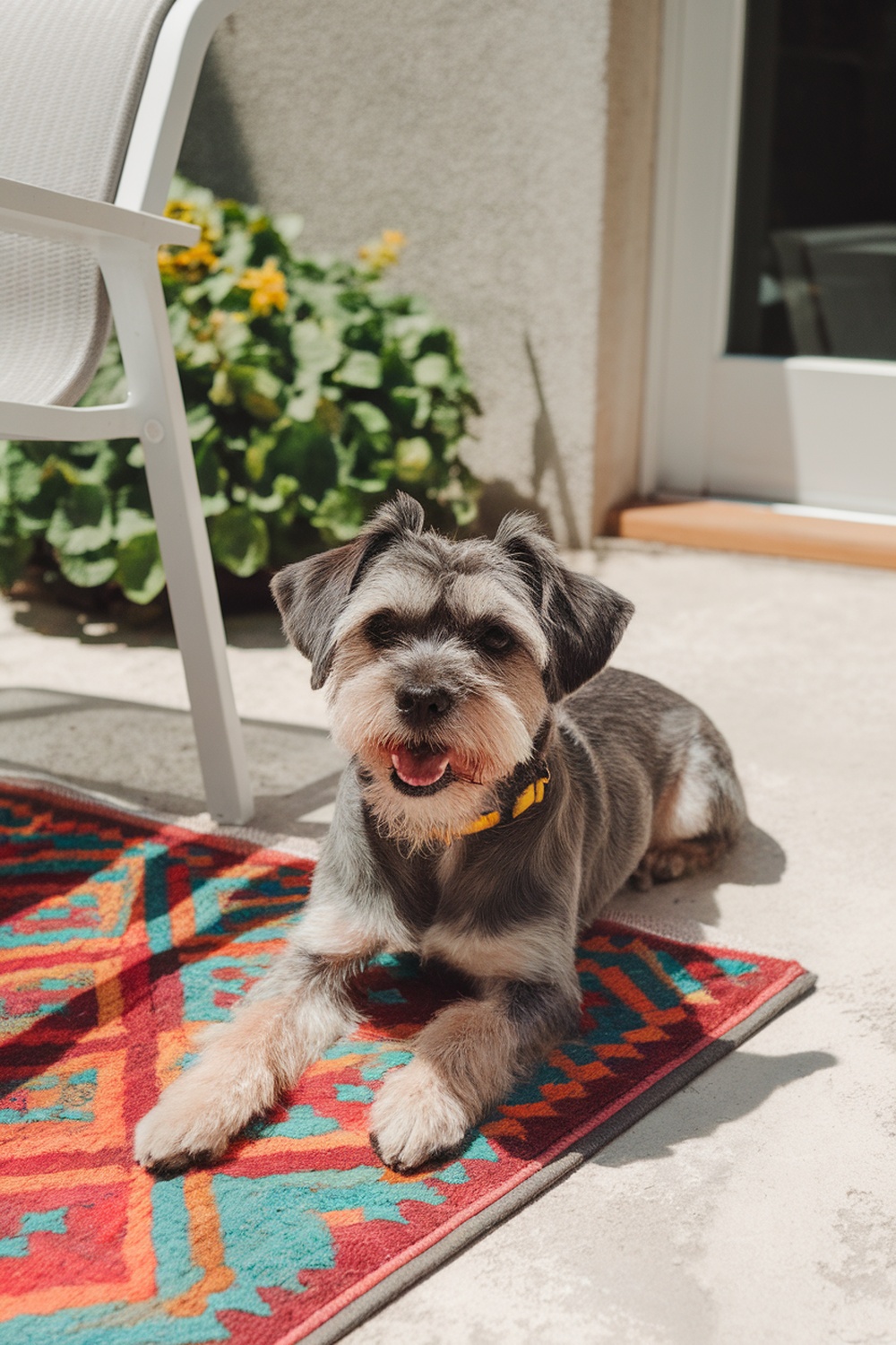 A happy dog lying on a colorful rug, showcasing a mix of Border Terrier and Shih Tzu traits.