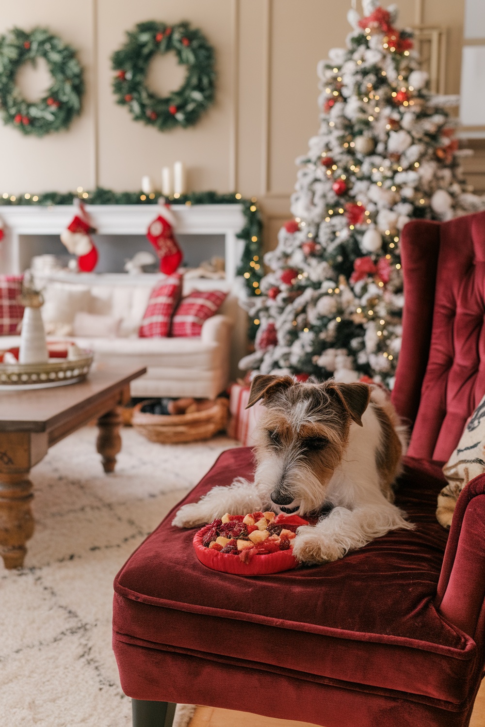 A terrier dog enjoying cranberry and chicken bites on a cozy chair during the holidays.