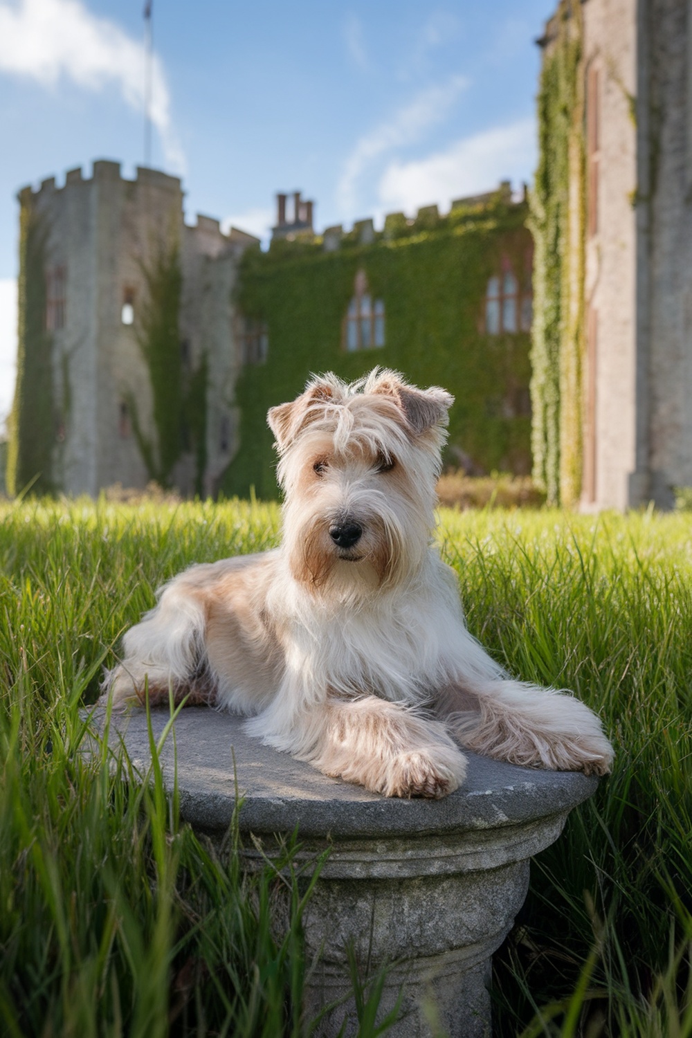 A Glen of Imaal Terrier lounging on a stone pedestal in front of a castle.