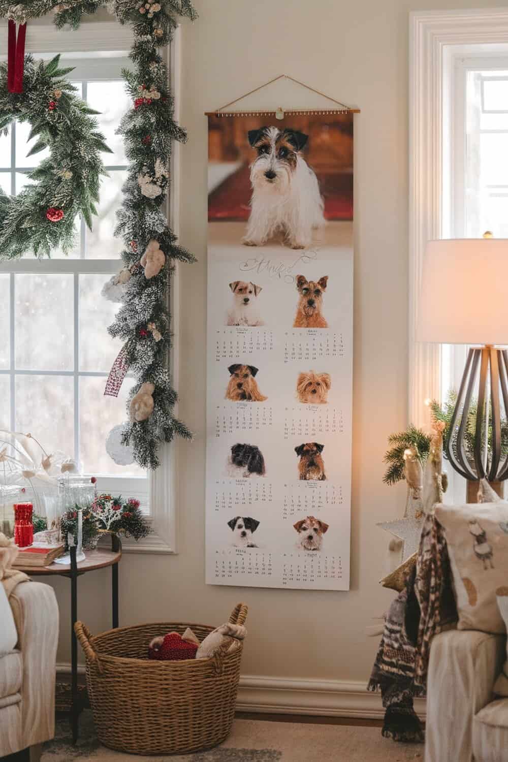 A wall-mounted calendar featuring various terrier dog breeds, decorated with holiday garlands.