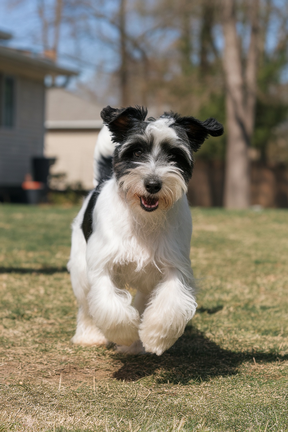 A happy Norfolk Terrier and Maltese mix running in a grassy area.