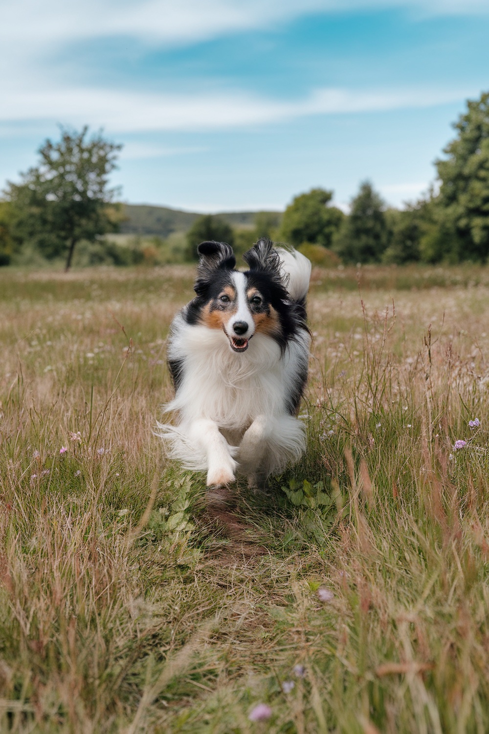 A Shetland Sheepdog running joyfully in a grassy field.