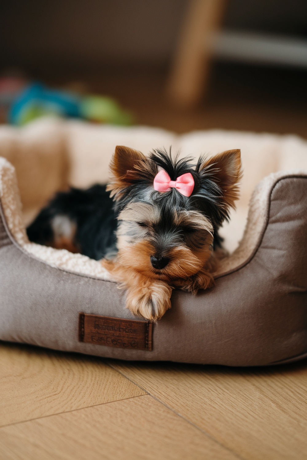 A Yorkie puppy with a pink bow resting in a cozy bed.