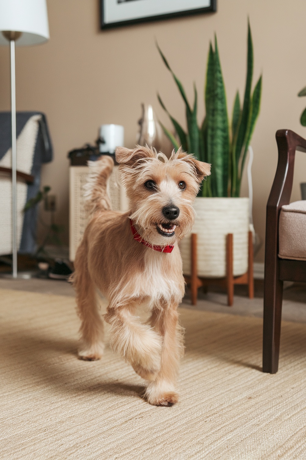 A playful Silky Terrier mix dog walking in a cozy living room.