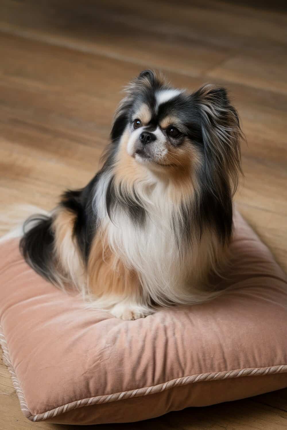 A Japanese Chin dog sitting on a cushion, showcasing its fluffy coat and regal demeanor.