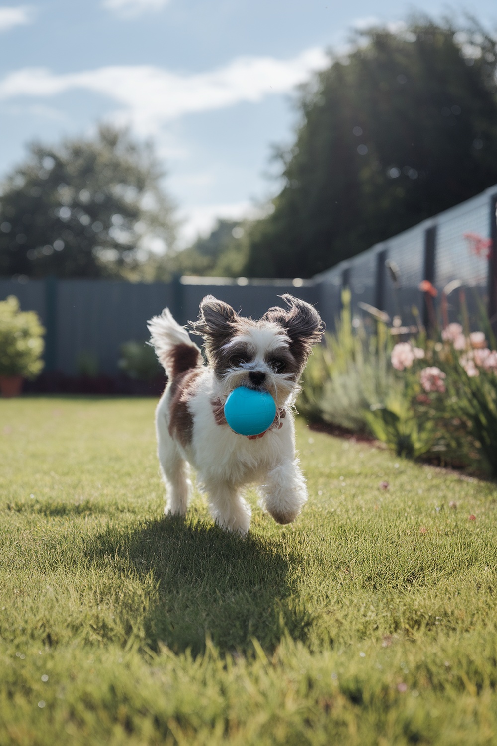 A Shih Tzu Terrier mix dog running in a garden with a blue ball in its mouth.