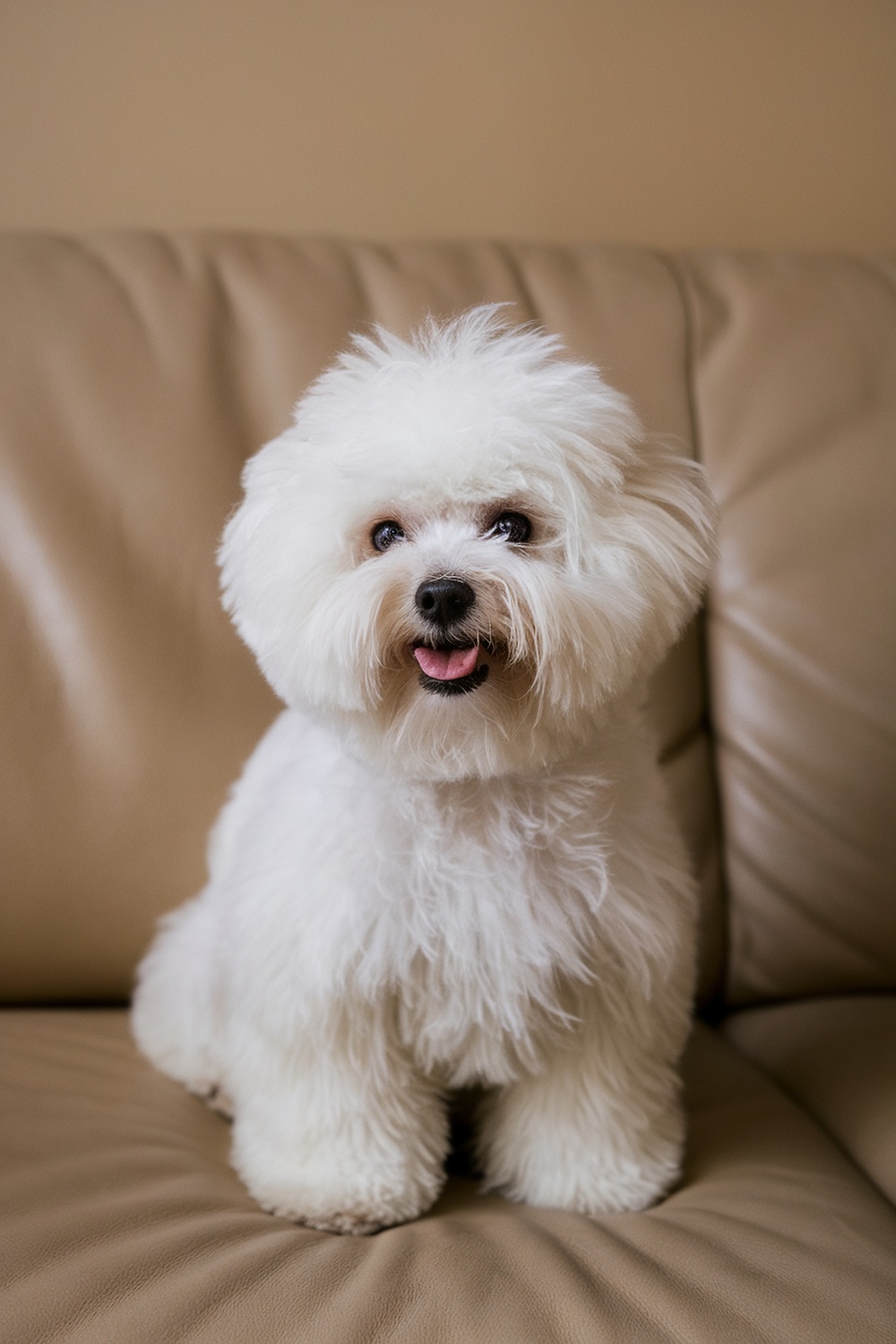 A fluffy Bichon Frise sitting on a couch, looking cheerful and friendly.
