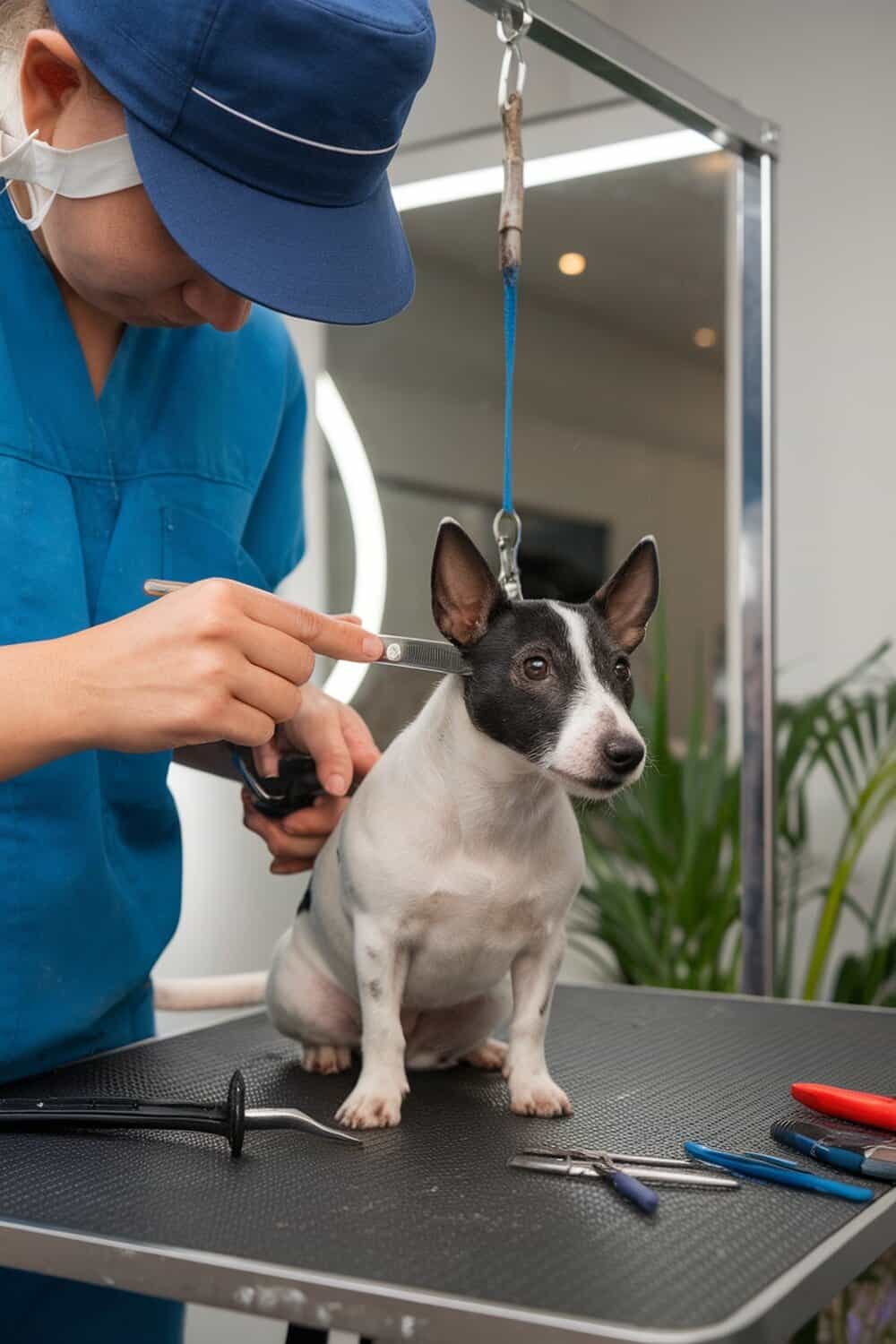 A groomer carefully trims the fur of a Rat Terrier in a grooming salon.