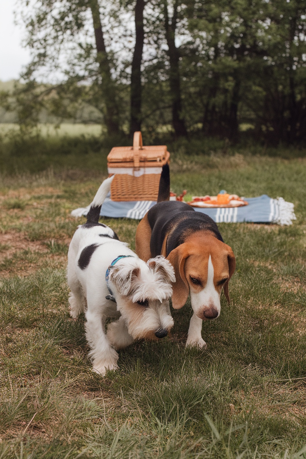 A Dandie Dinmont Terrier and a Beagle walking together in a grassy area.