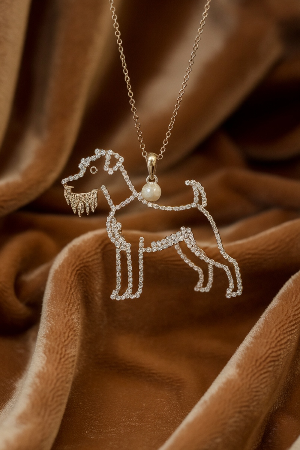 A sparkling terrier-shaped pendant necklace on a soft brown fabric.