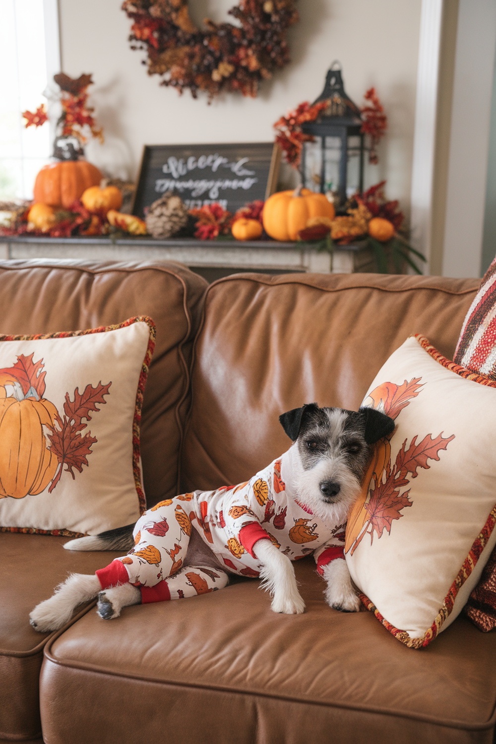 A terrier wearing Thanksgiving-themed pajamas, relaxing on a couch with autumn decorations.