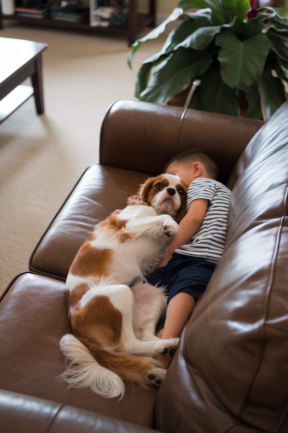 A Cavalier King Charles Spaniel snuggling with a child on a couch.