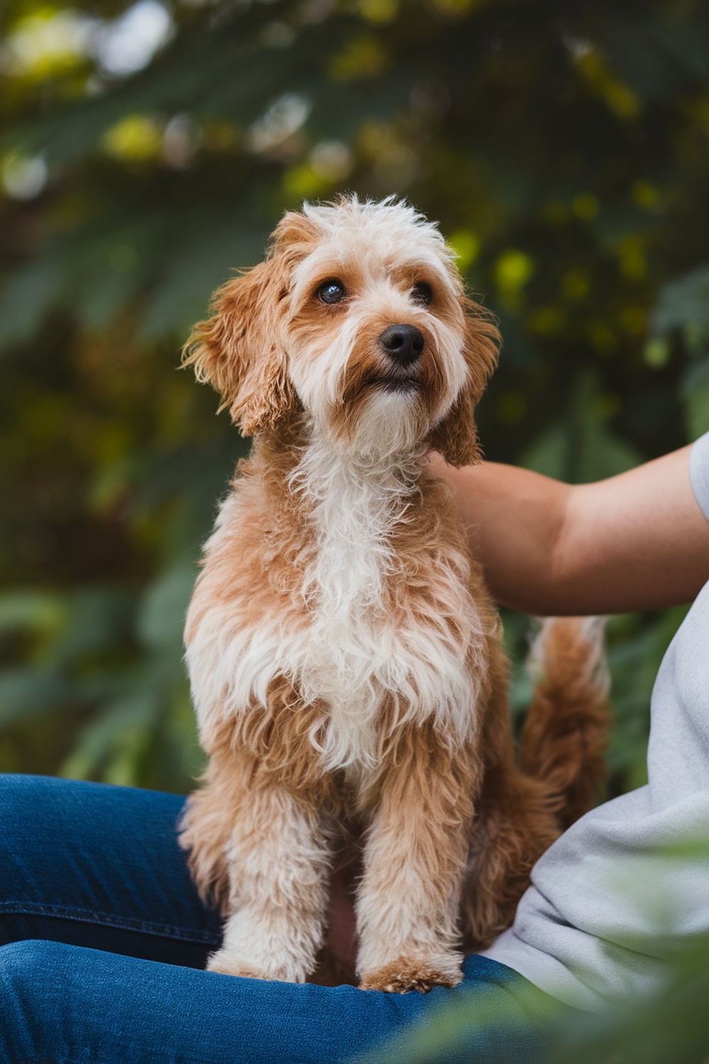 A cute Poodle Terrier mix sitting on a person's lap, showcasing its fluffy fur and bright eyes.