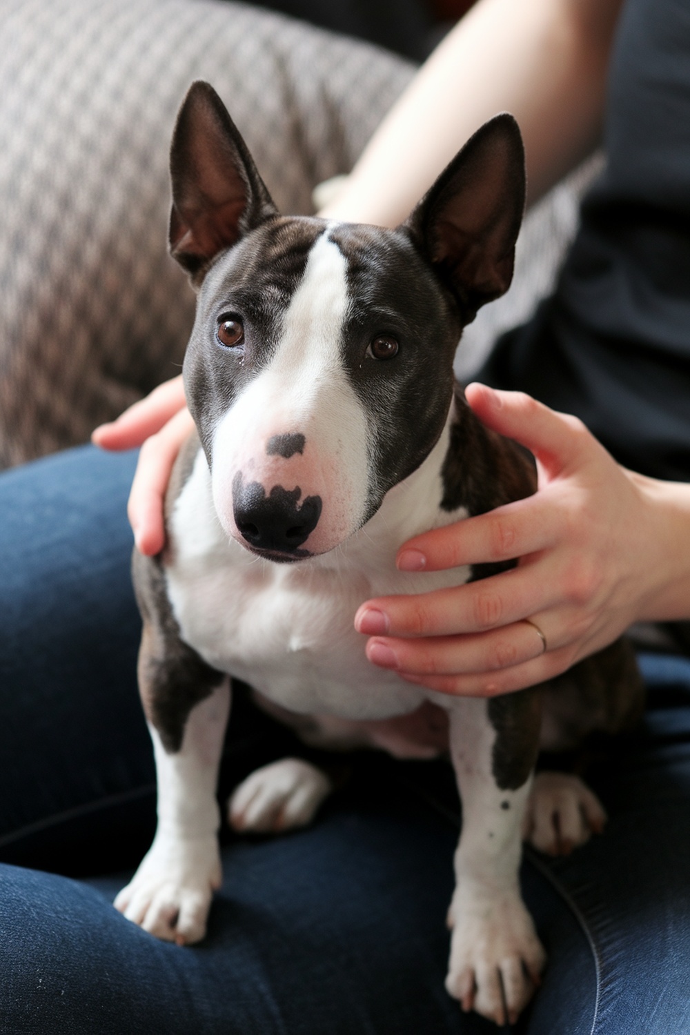 A Miniature Bull Terrier sitting on a person's lap, looking friendly and alert.