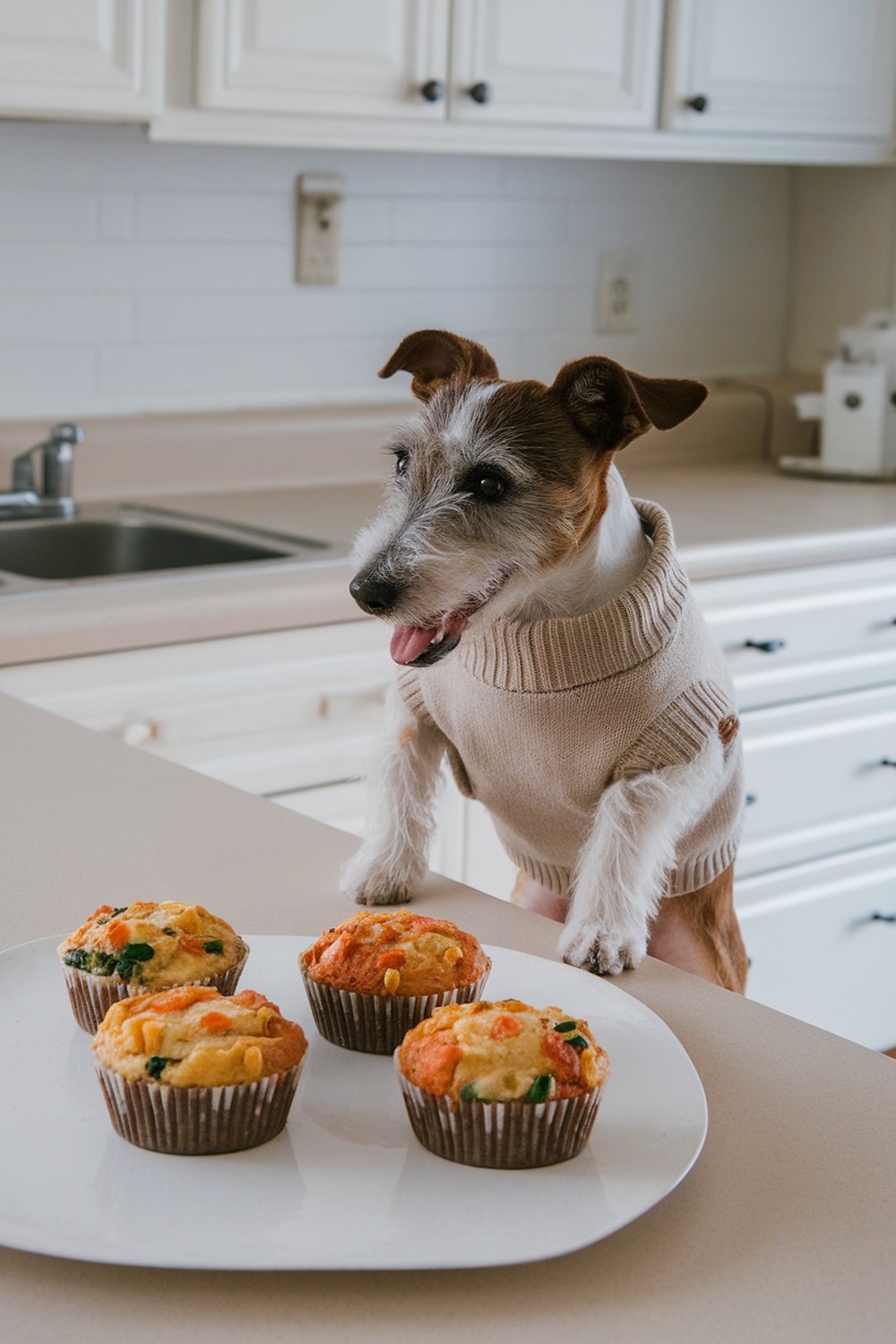 A Terrier dog in a sweater looking at a plate of egg and veggie muffins on a kitchen counter.