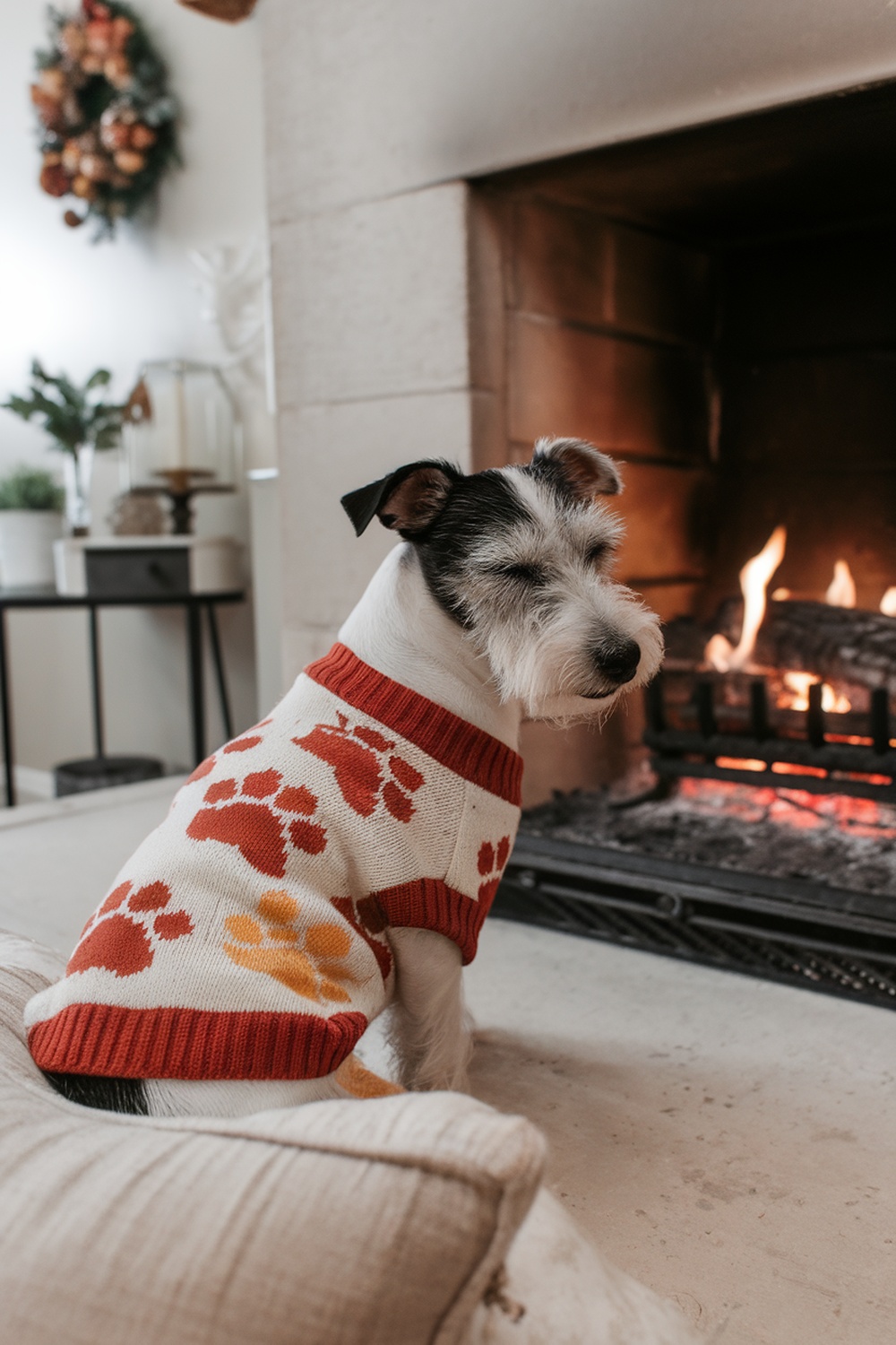 A terrier wearing a cozy paw print sweater sitting by a fireplace.