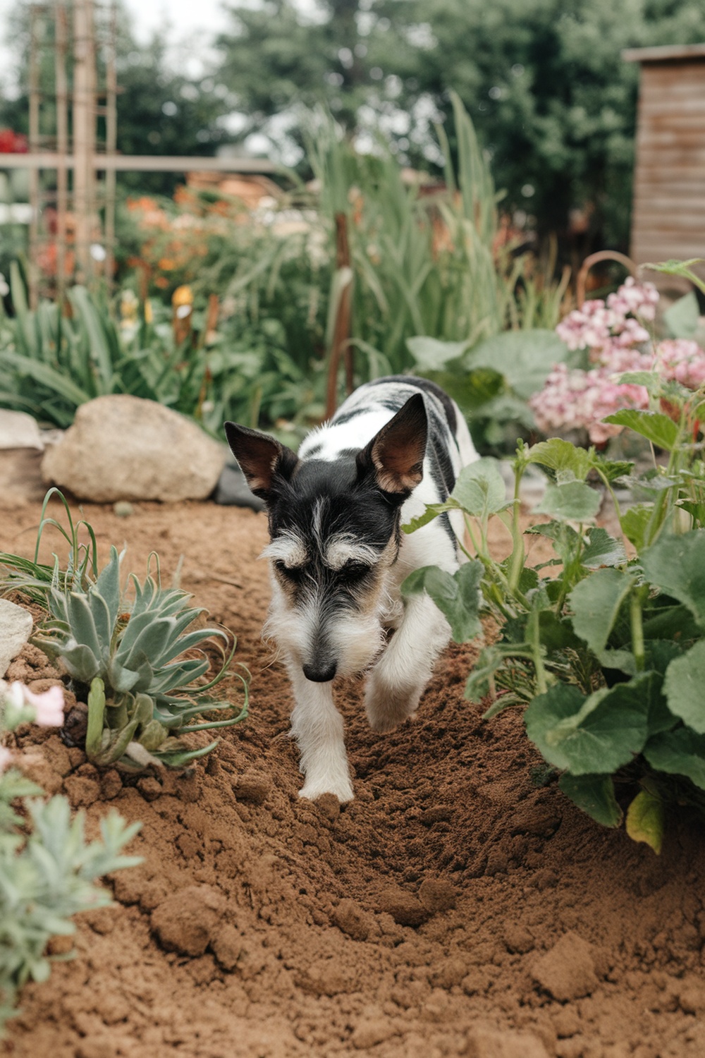 A terrier dog digging in a garden with plants around.
