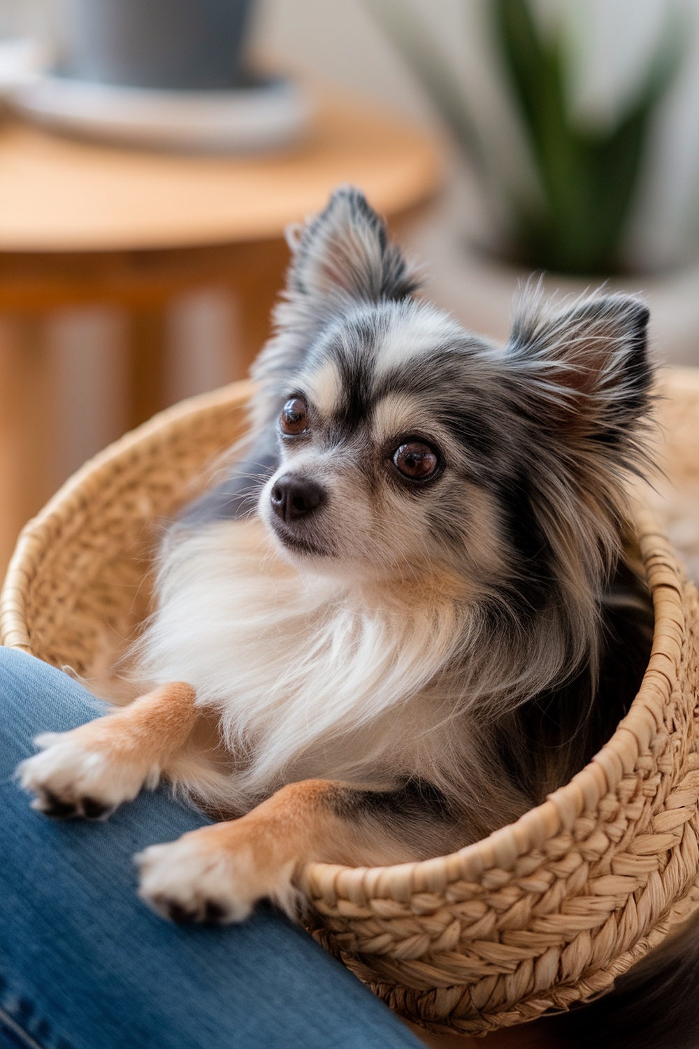 A small dog with fluffy fur, sitting comfortably in a woven basket.
