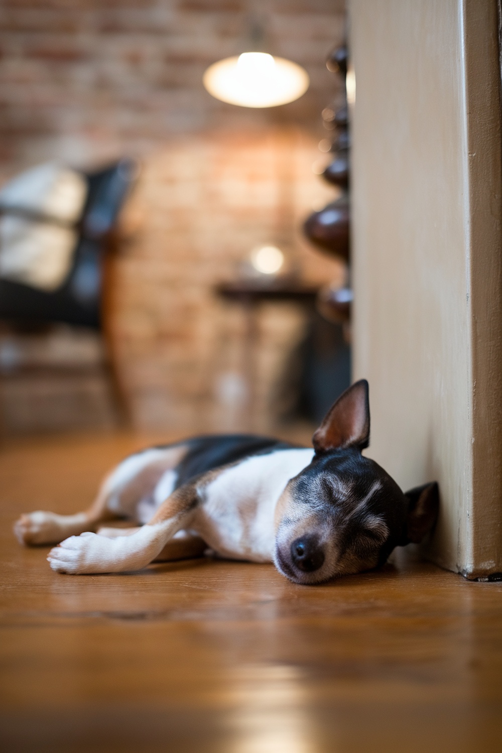 A Rat Terrier sleeping peacefully on a wooden floor.