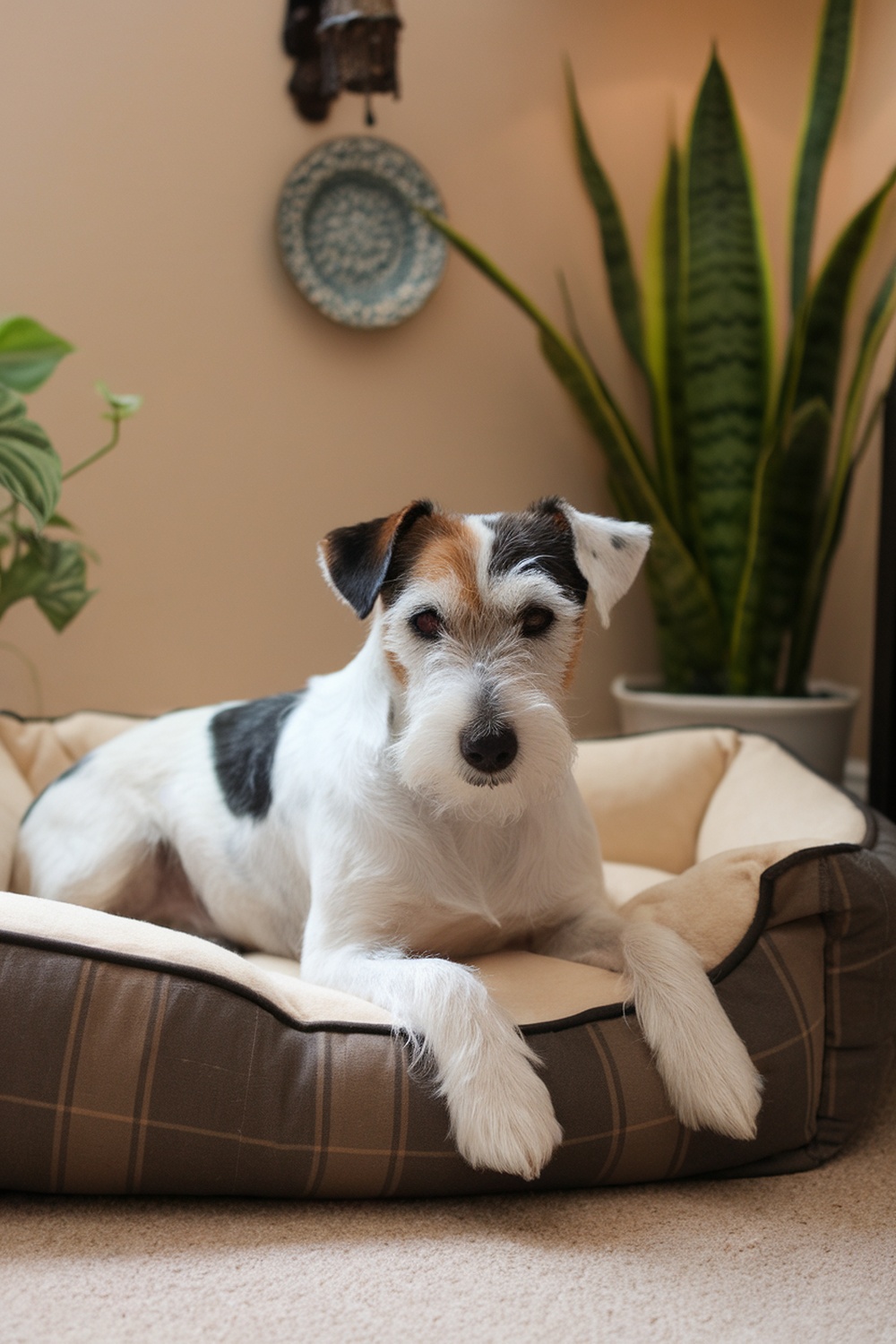 A terrier dog relaxing on a cozy bed.