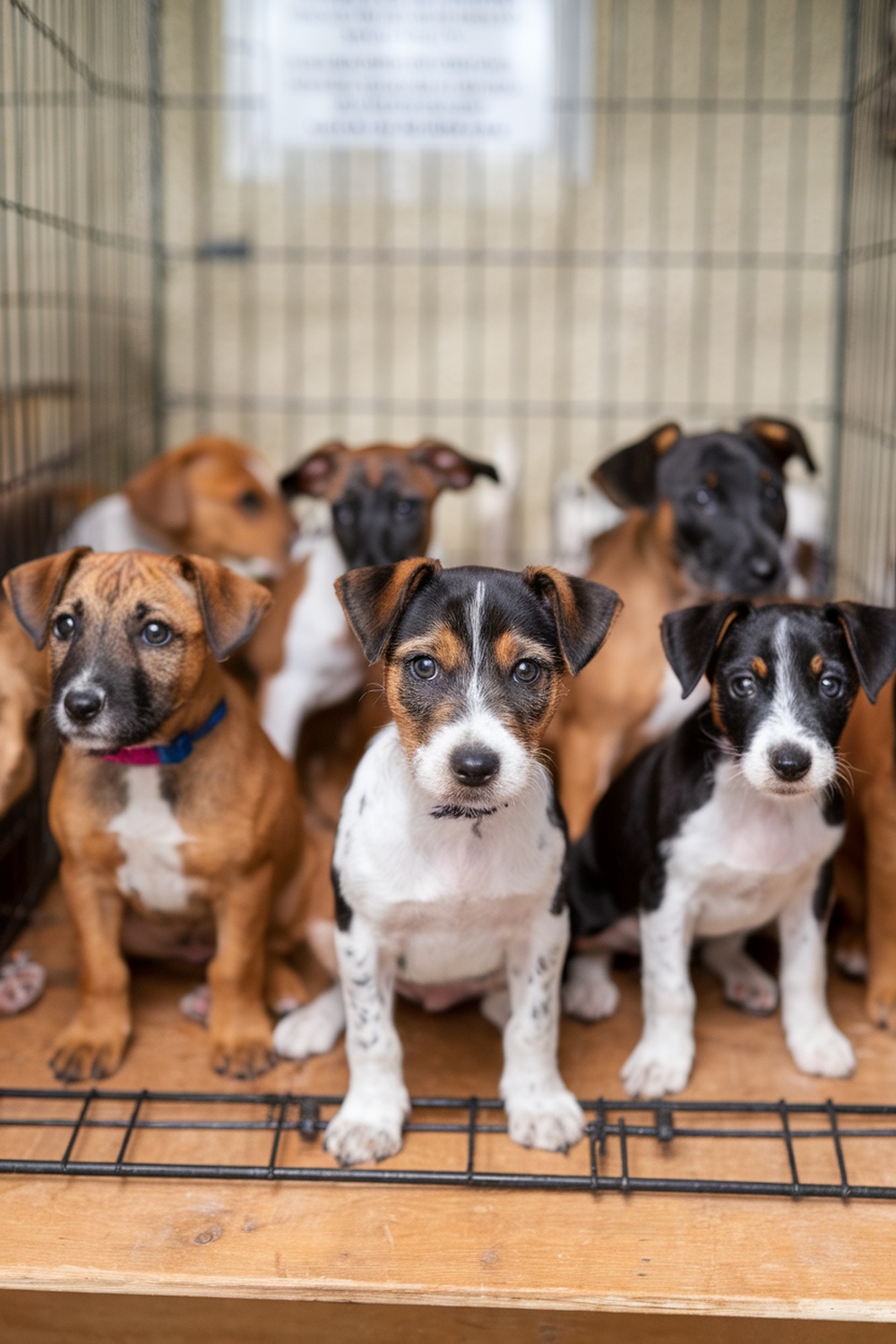 A group of terrier puppies in a shelter, showcasing their playful and adorable nature.