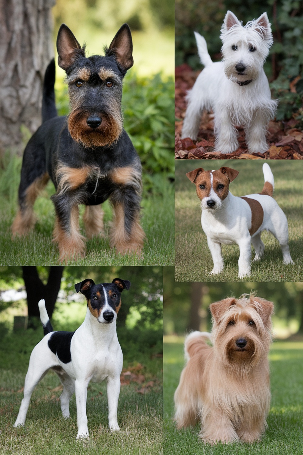 A collage of different terrier breeds showcasing their unique appearances.