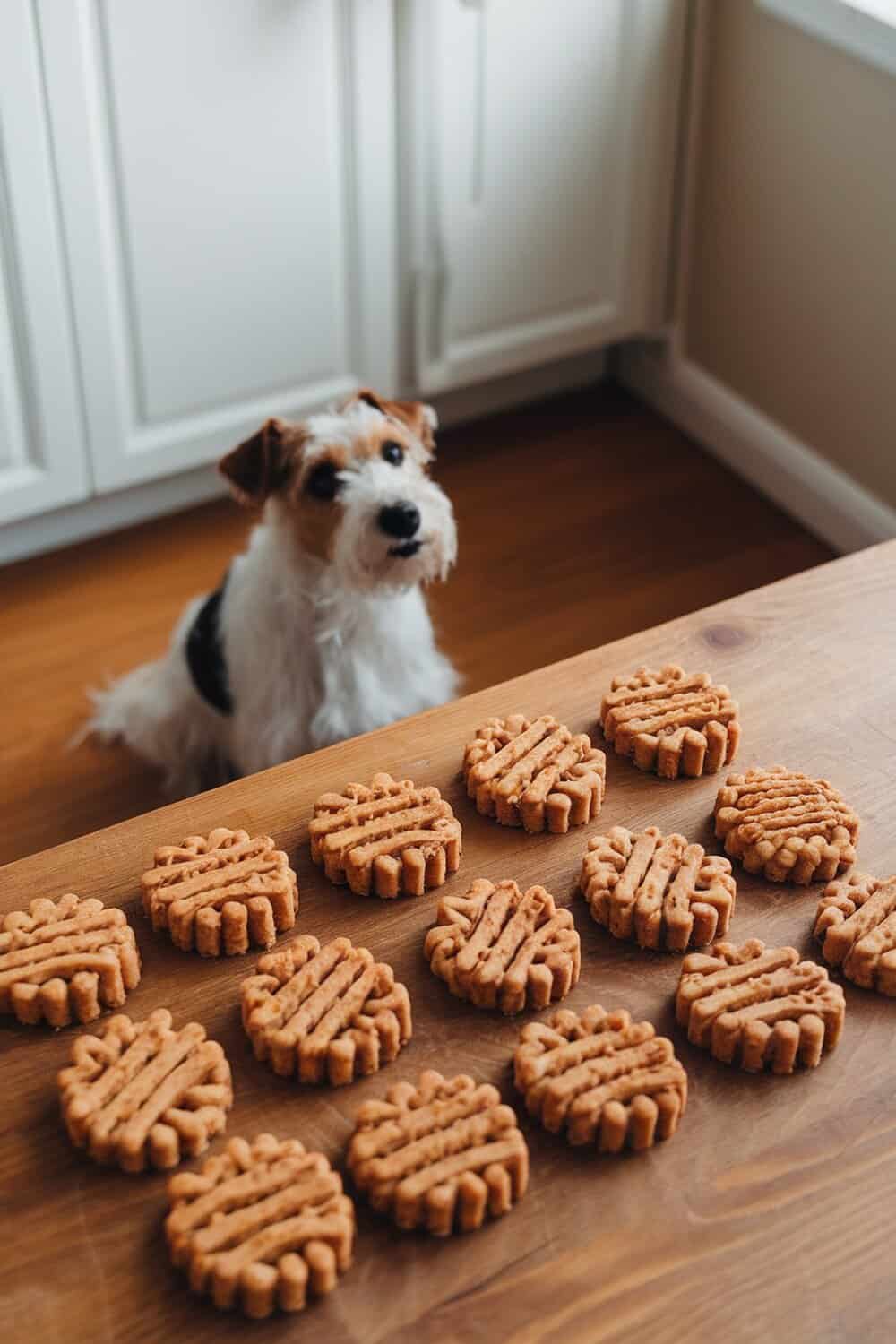 A terrier dog looking at freshly baked apple and peanut butter treats on a wooden table.
