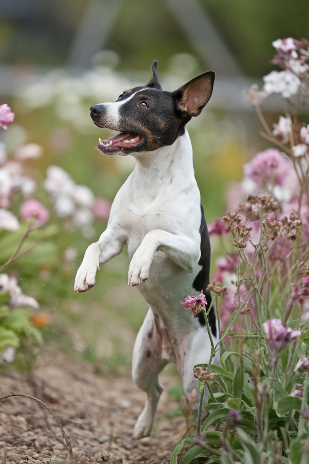 A Rat Terrier jumping happily among flowers in a garden.