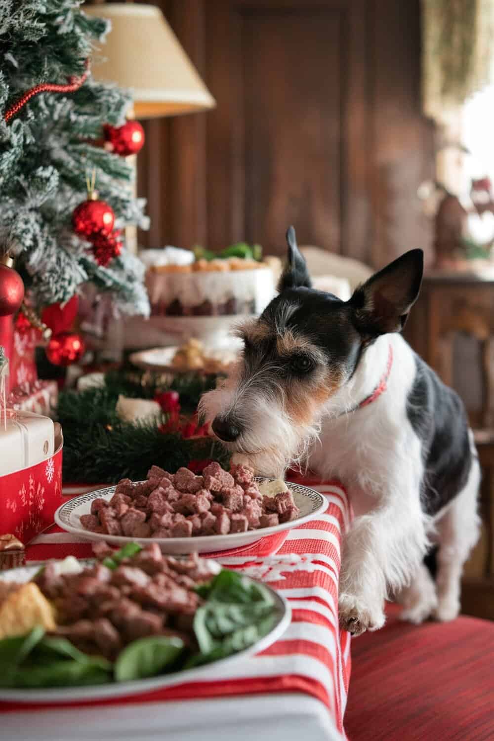 A Terrier dog curiously sniffing a plate of beef and spinach treats on a festive table.