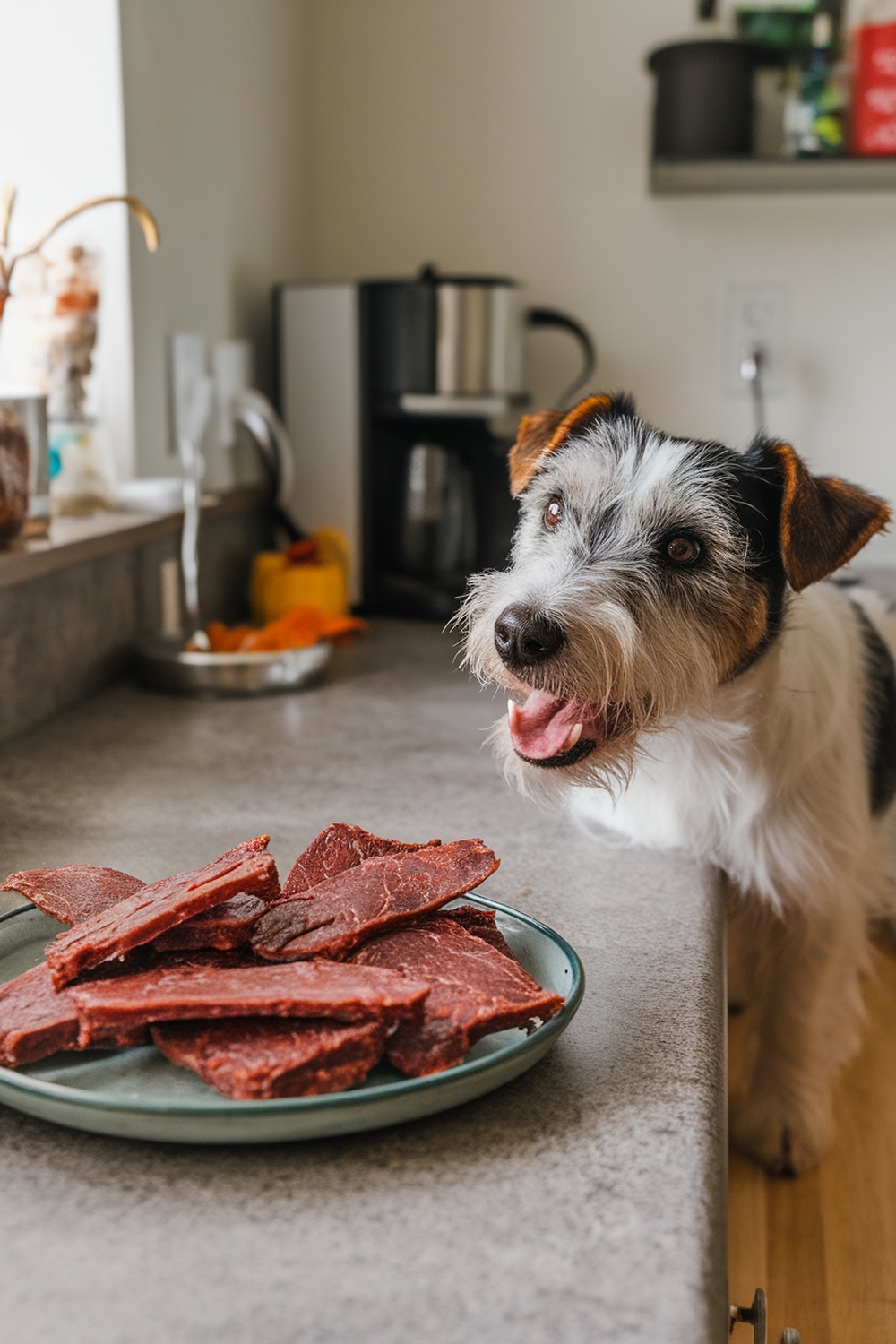 A happy terrier dog looking at a plate of homemade beef jerky treats on a kitchen counter.
