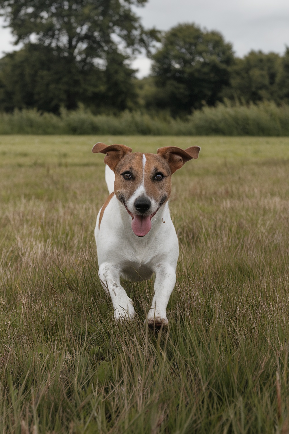 A happy Jack Russell Terrier running through a grassy field.