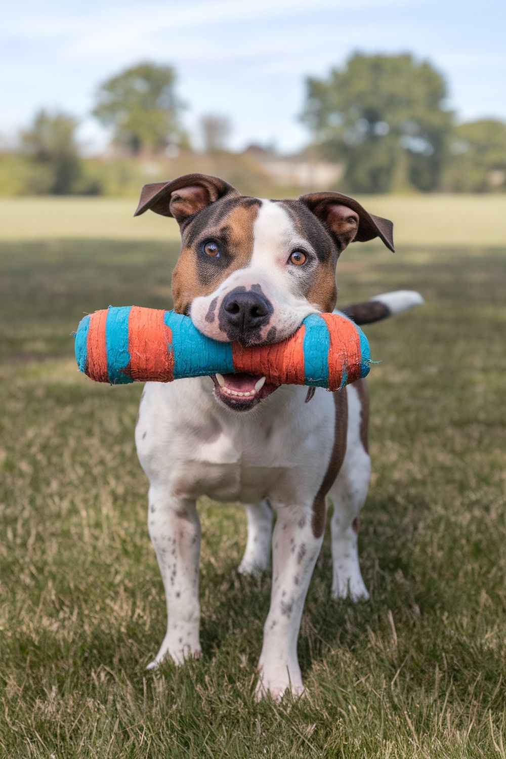A happy dog holding a colorful toy in its mouth, standing on grass.