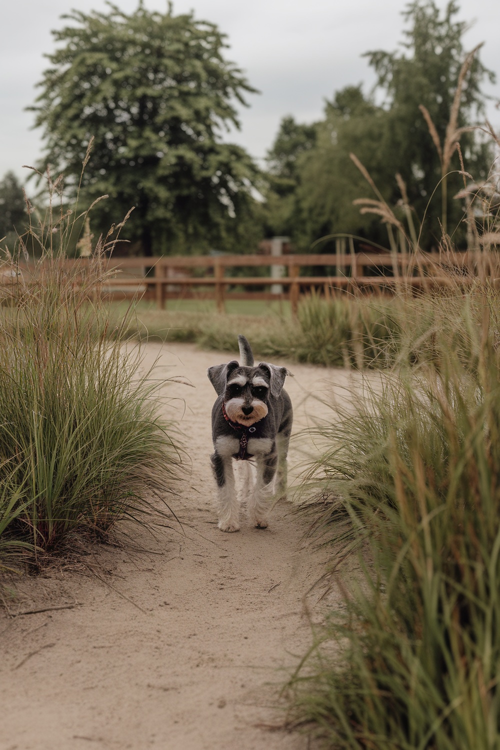 A Schnauzer terrier mix walking along a sandy path surrounded by grass.