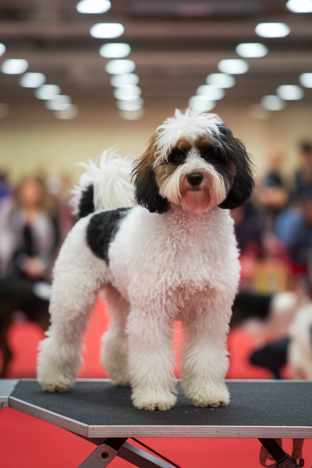 A Poodle and Rat Terrier mix dog standing on a grooming table.