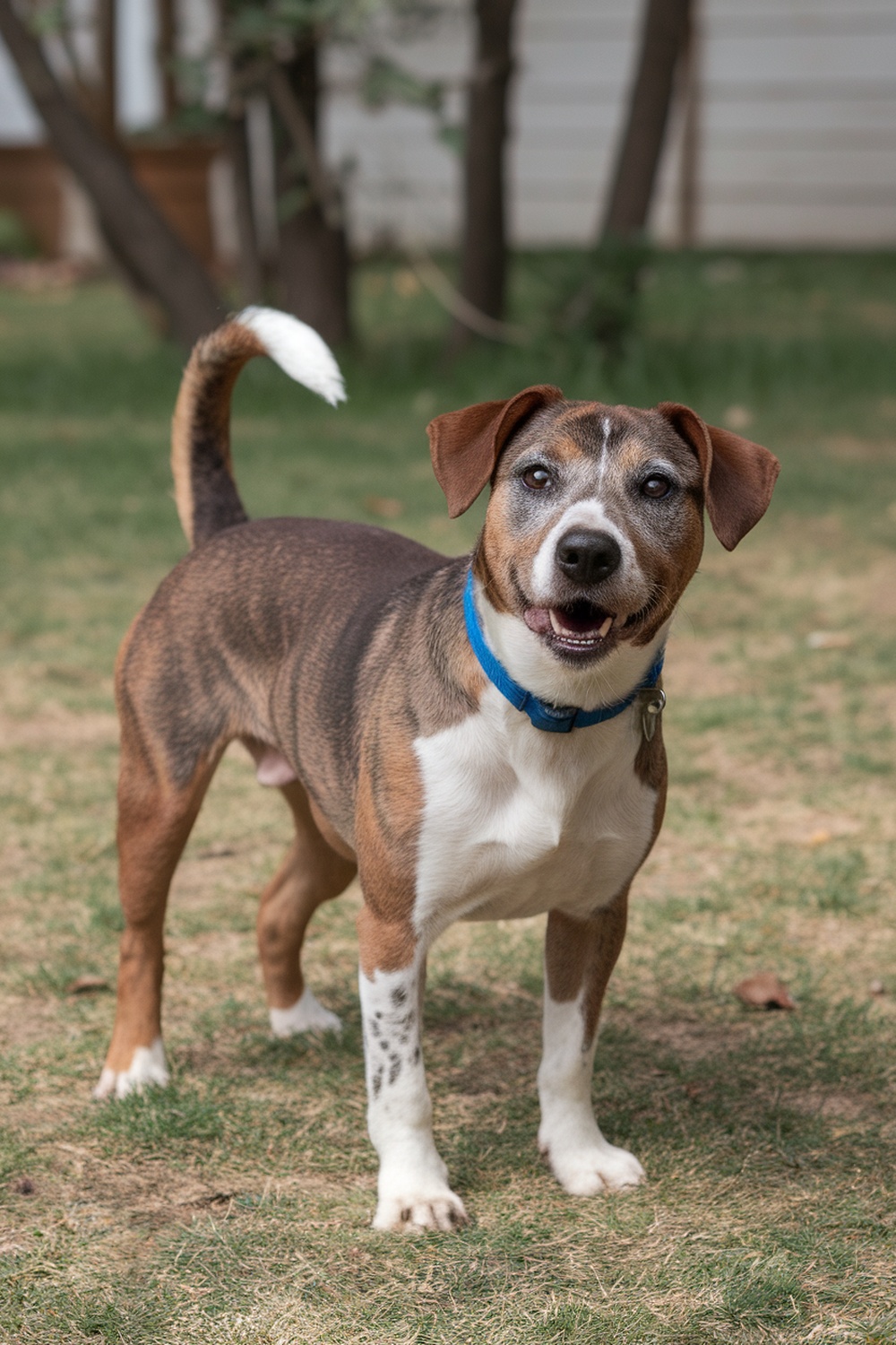 A Rat Terrier and Cocker Spaniel mix standing in a grassy area, looking happy and playful.