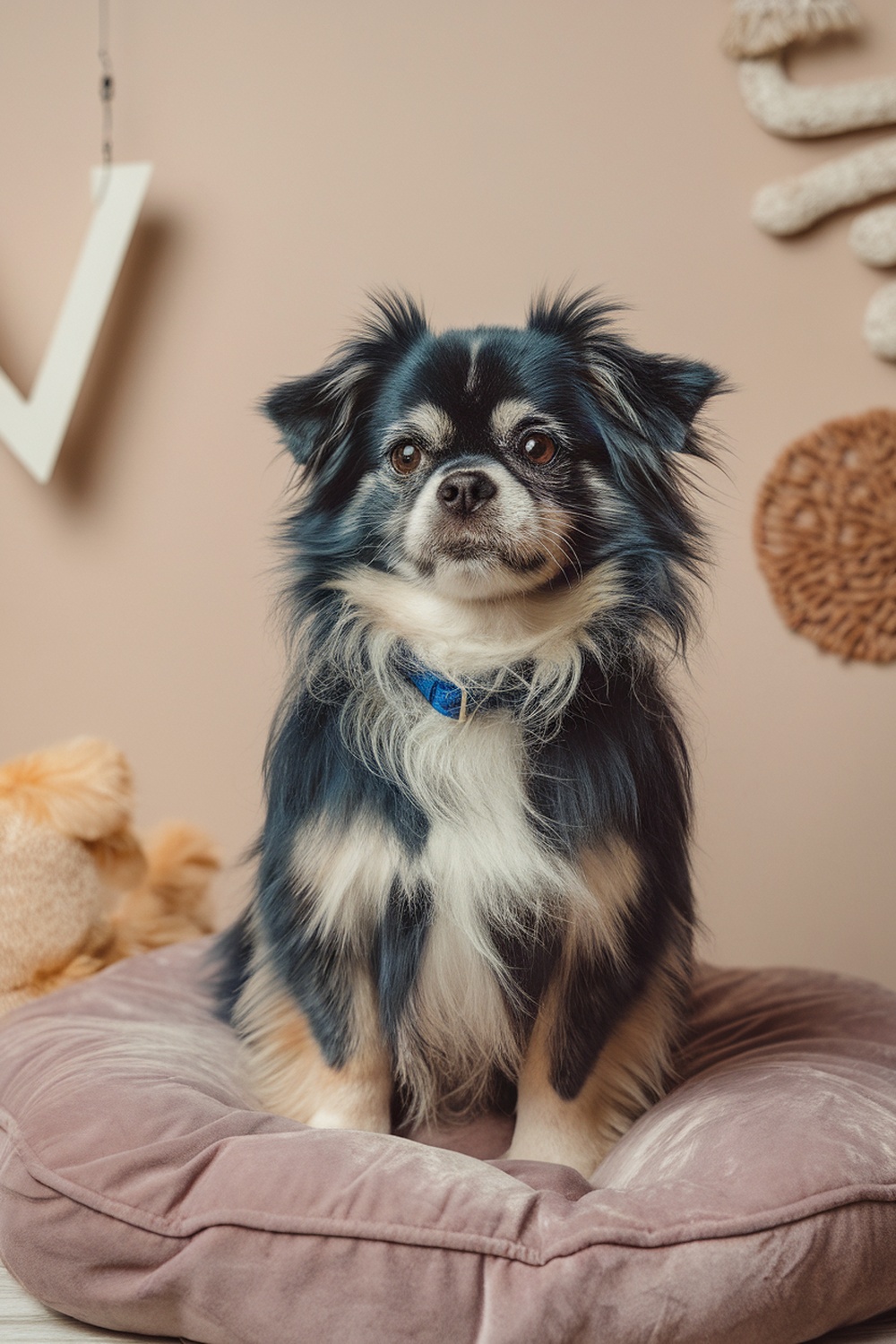 A cute Pekingese and Terrier mix dog sitting on a cozy cushion.