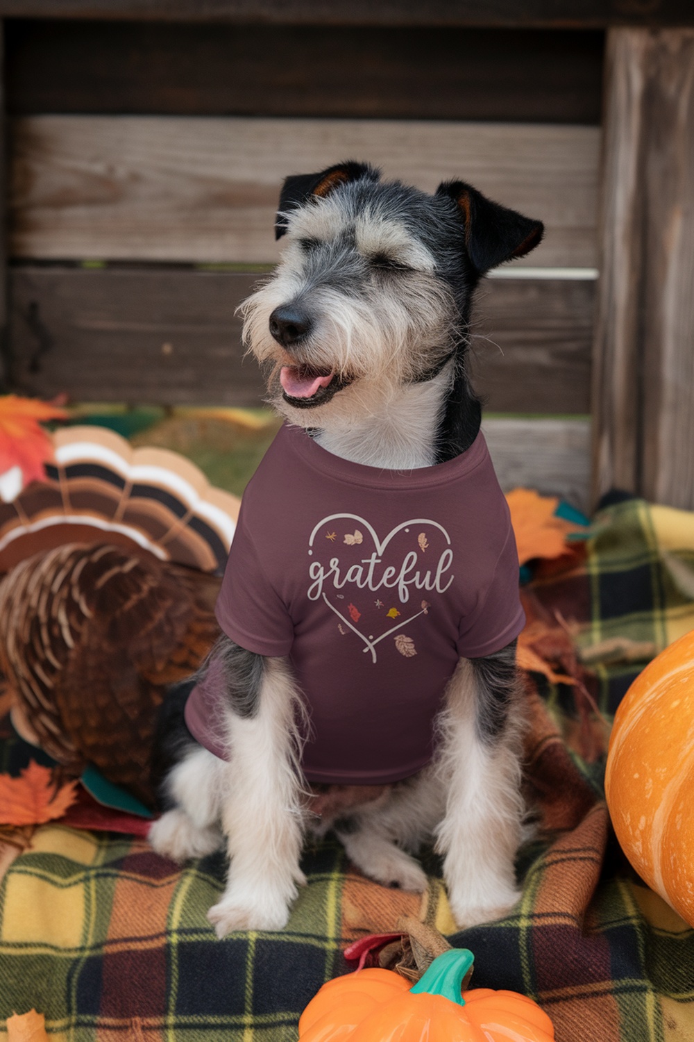 A happy terrier wearing a maroon t-shirt with the word 'grateful' and autumn leaves design, sitting on a blanket with pumpkins and fall decorations.