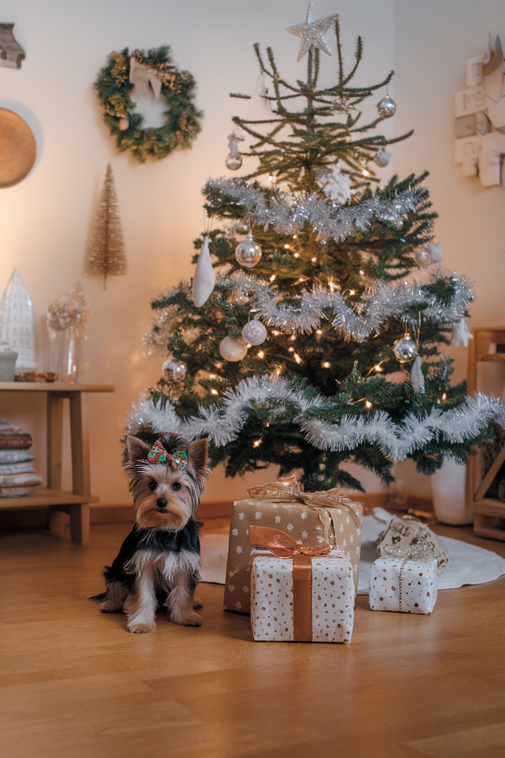 Yorkie puppy with a Christmas bow sitting in front of a decorated tree and gifts